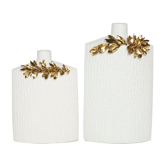 White &#x26; Gold Leaf Accent Ceramic Vase Set